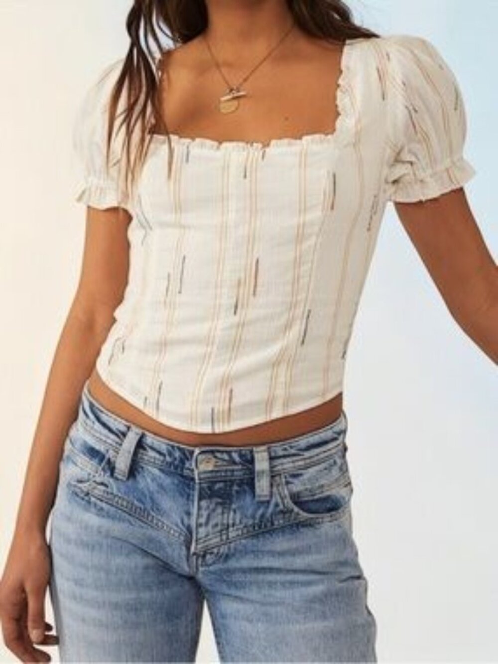 Free People Cream Square-Neck Puff Sleeve Crop Top with Subtle Stripes